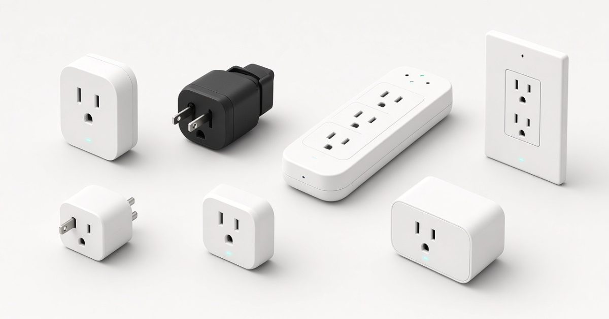 White US smart plugs, a black outdoor plug, a smart power strip and an in-wall smart outlet on a light background