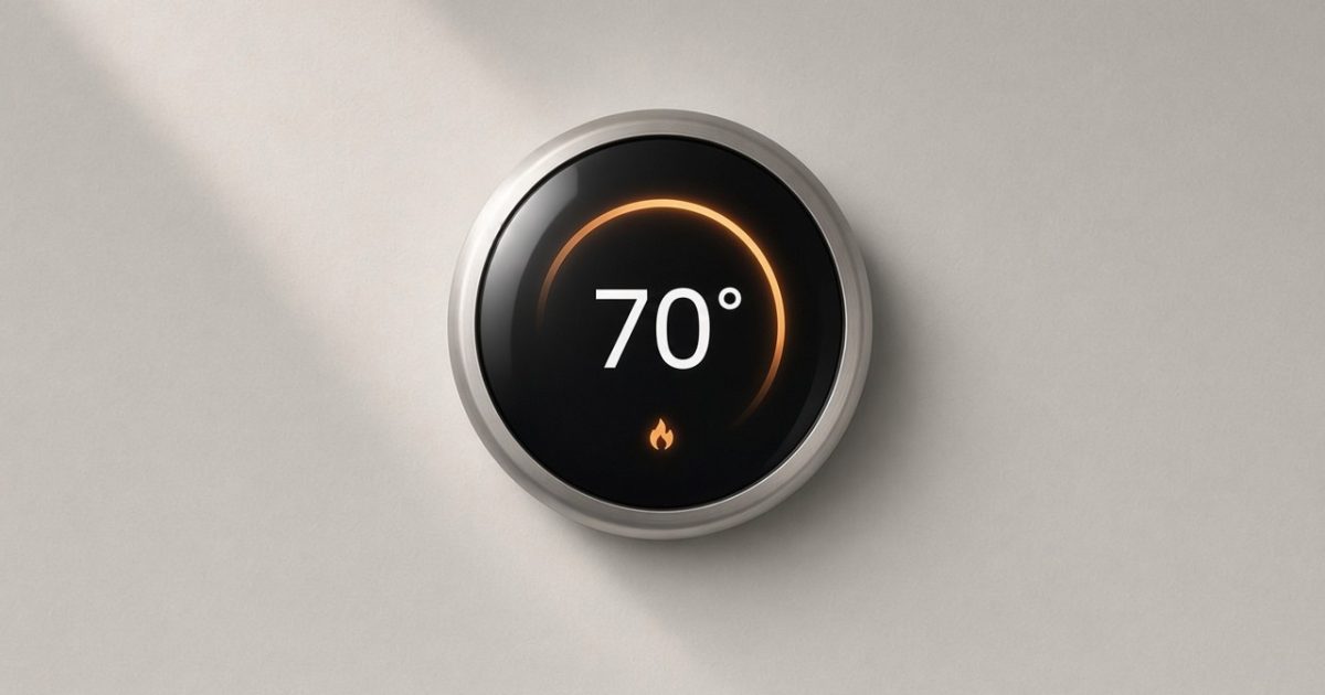 Round smart thermostat showing 70 degrees on a light grey wall
