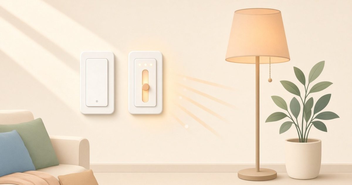 Flat illustration of two white smart dimmer switches on a living room wall beside a warm floor lamp