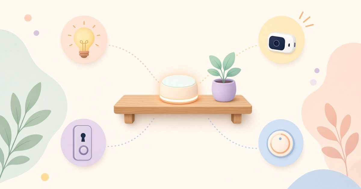 Flat pastel illustration of a smart home hub on a wooden shelf, linked by dotted lines to a light bulb, door lock, sensor and thermostat