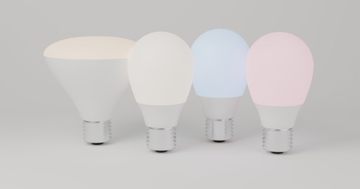 3D render of a BR30 flood bulb and three A19 smart bulbs glowing warm white, blue and pink on a light off-white background