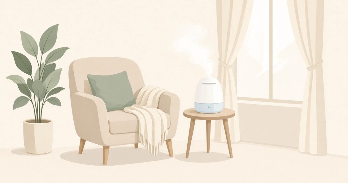 Flat pastel illustration of a cozy room with an armchair, a plant and a white humidifier releasing mist on a side table