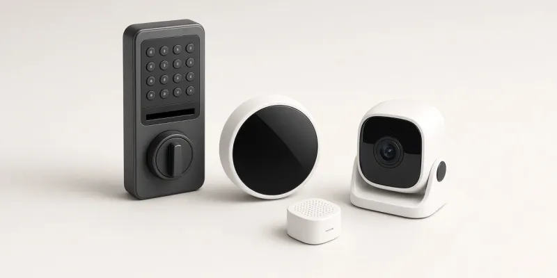 A dark keypad smart deadbolt, a round smart thermostat, a small sensor and an indoor camera on a light background
