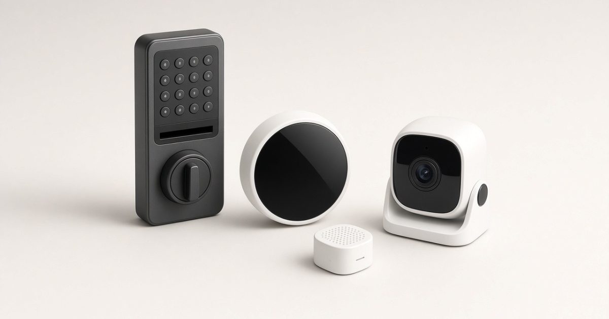 A dark keypad smart deadbolt, a round smart thermostat, a small sensor and an indoor camera on a light background