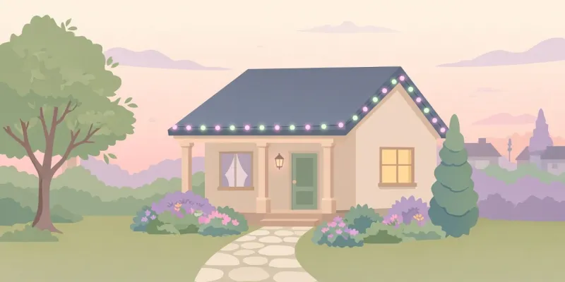 Flat pastel illustration of a cozy house with colorful permanent lights along the roofline at dusk