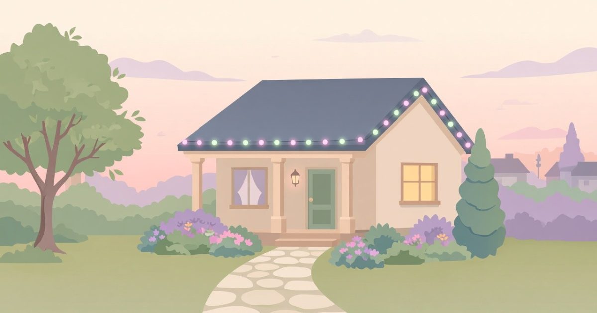 Flat pastel illustration of a cozy house with colorful permanent lights along the roofline at dusk