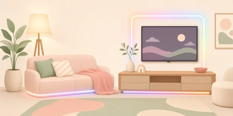 Flat pastel illustration of a living room with a glowing color LED strip behind a TV and under a sofa