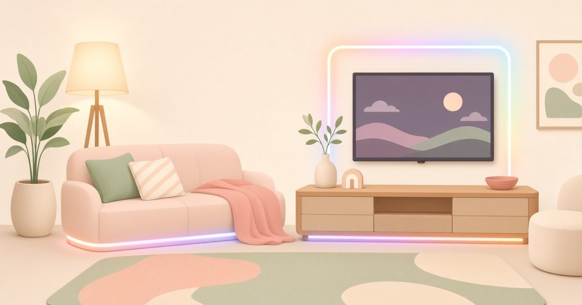Flat pastel illustration of a living room with a glowing color LED strip behind a TV and under a sofa