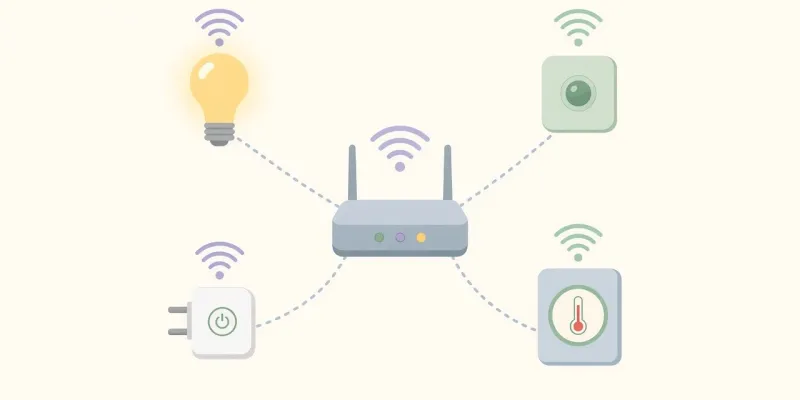 Flat pastel illustration of a home router connected to smart home devices on a network map