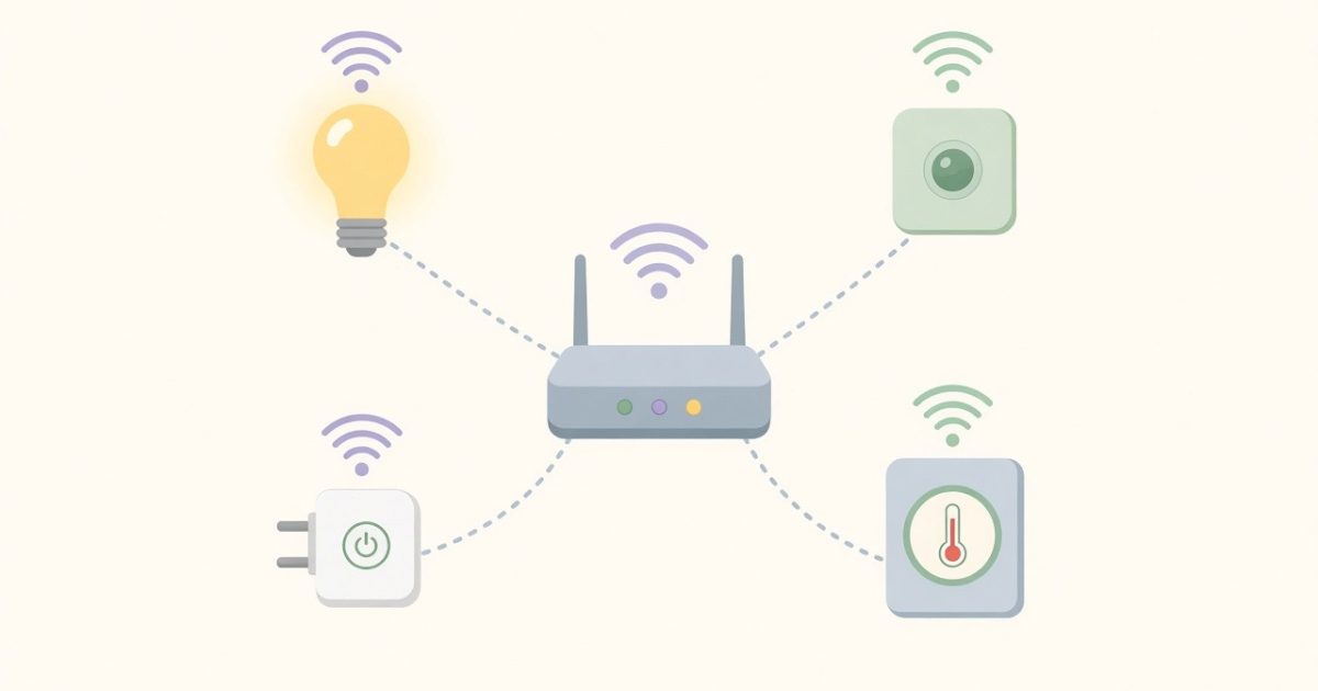 Flat pastel illustration of a home router connected to smart home devices on a network map