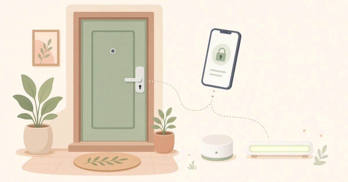 Flat illustration of a front door smart lock connected to a phone and smart home devices