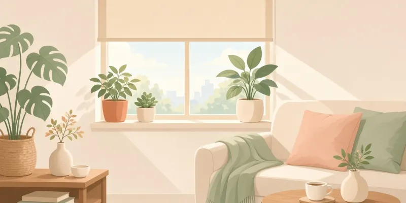 Flat illustration of a cozy living room window with a roller shade