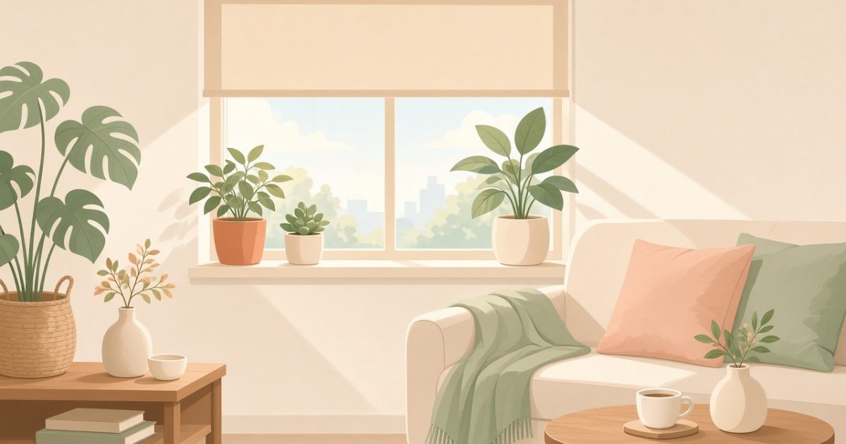 Flat illustration of a cozy living room window with a roller shade
