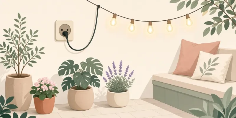 Flat illustration of an outdoor plug powering string lights on a patio