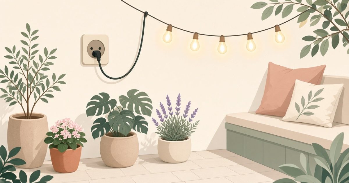 Flat illustration of an outdoor plug powering string lights on a patio