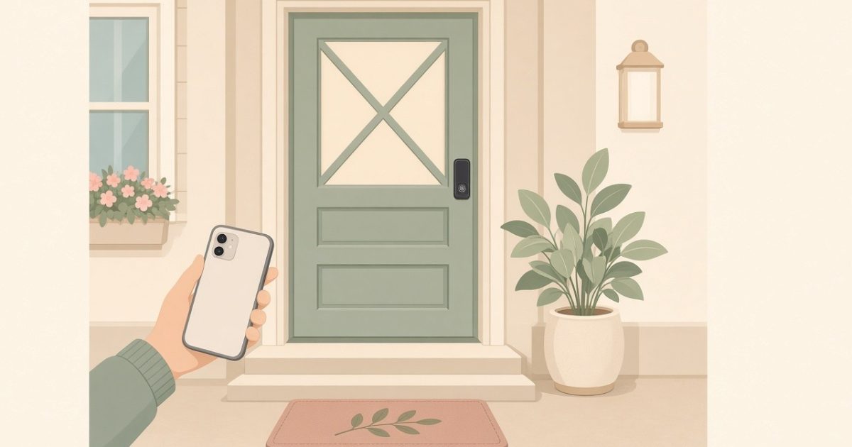 Flat illustration of a front door with a slim smart lock and a phone