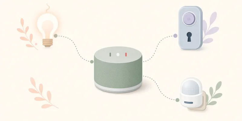Illustration of a small round smart speaker hub connected to a light bulb, a smart lock and a sensor