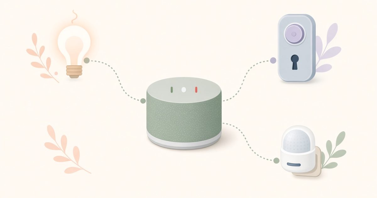 Illustration of a small round smart speaker hub connected to a light bulb, a smart lock and a sensor