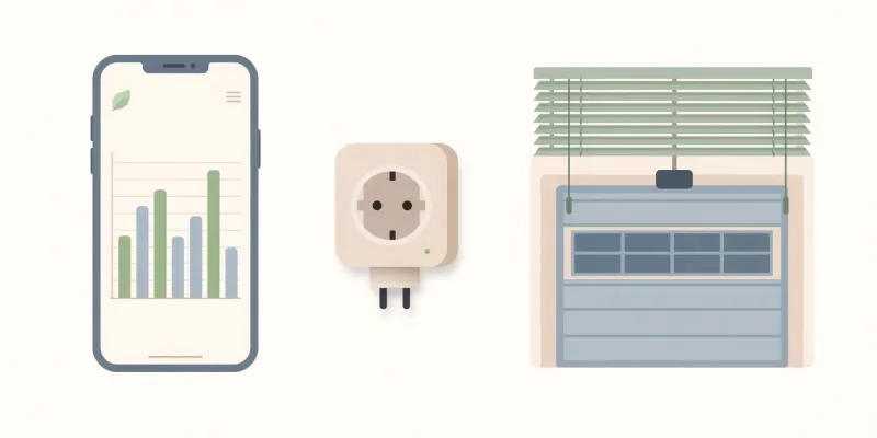 Illustration of a phone showing an energy graph next to a smart plug, window blinds and a garage door