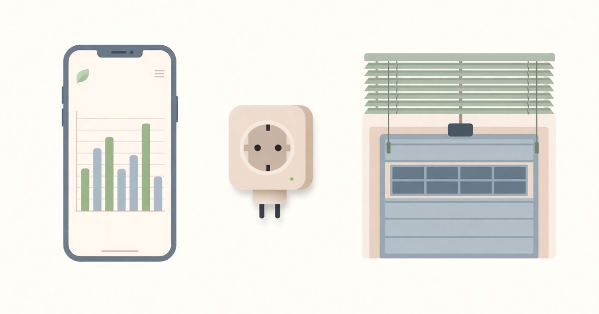 Illustration of a phone showing an energy graph next to a smart plug, window blinds and a garage door