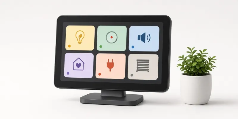 A smart home display on a stand showing colorful control tiles, next to a small potted plant