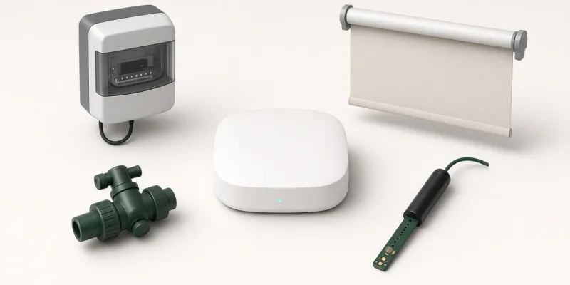 A white smart home hub surrounded by an energy meter, a roller blind, an irrigation valve and a soil sensor