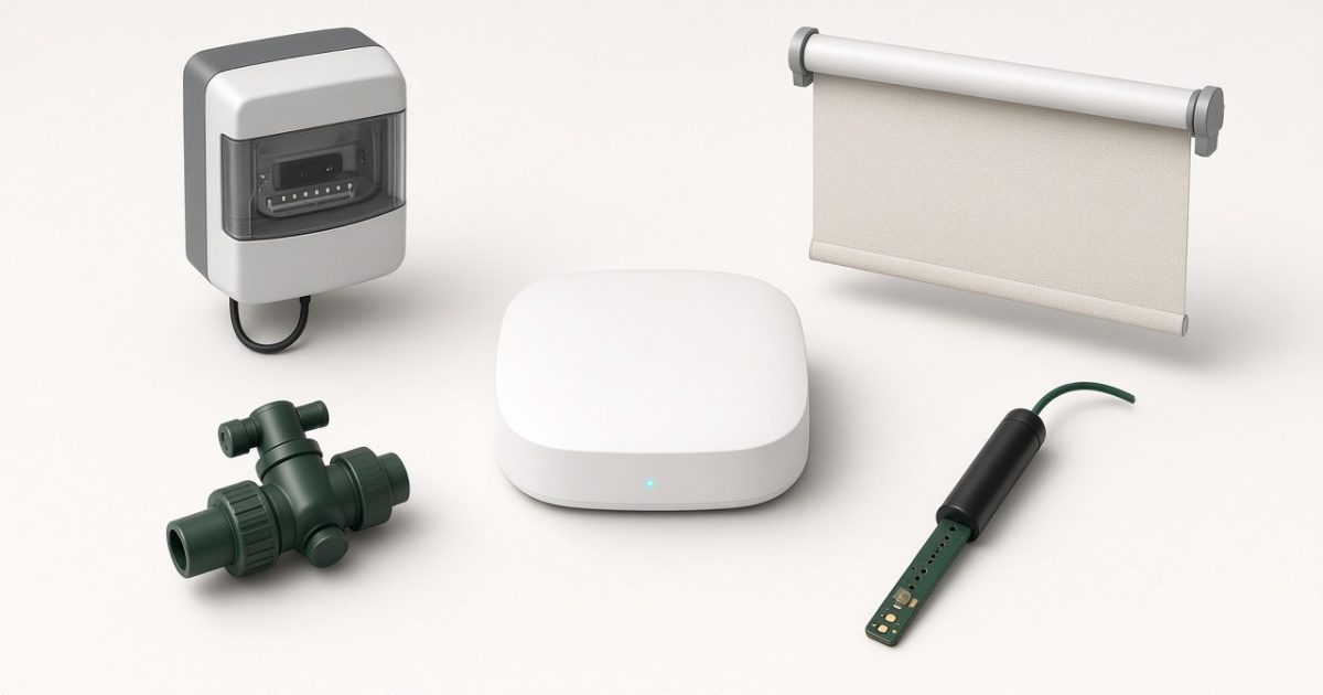 A white smart home hub surrounded by an energy meter, a roller blind, an irrigation valve and a soil sensor