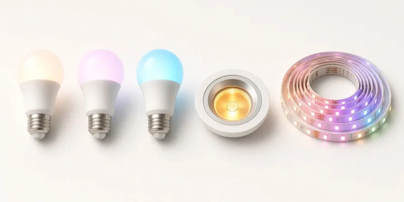 Three color smart bulbs, a recessed downlight and a glowing LED lightstrip on a light background