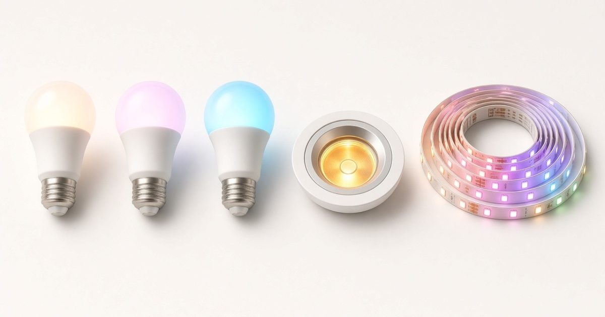 Three color smart bulbs, a recessed downlight and a glowing LED lightstrip on a light background