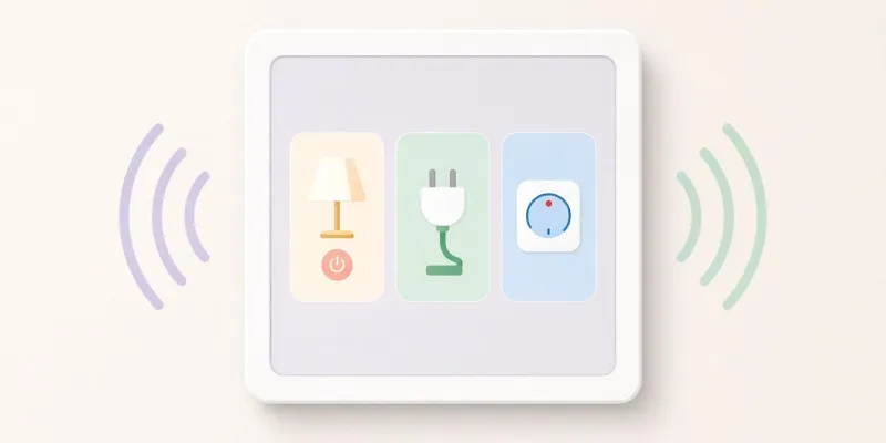 Smart home wall display showing lamp, plug and thermostat controls