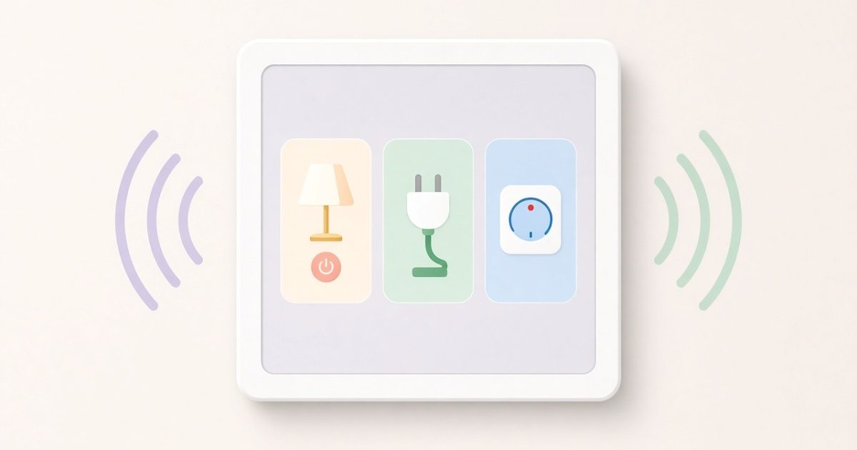 Smart home wall display showing lamp, plug and thermostat controls