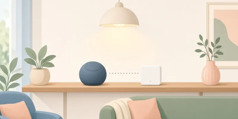 Smart speaker hub and smart lighting bridge on a living room shelf under a glowing lamp
