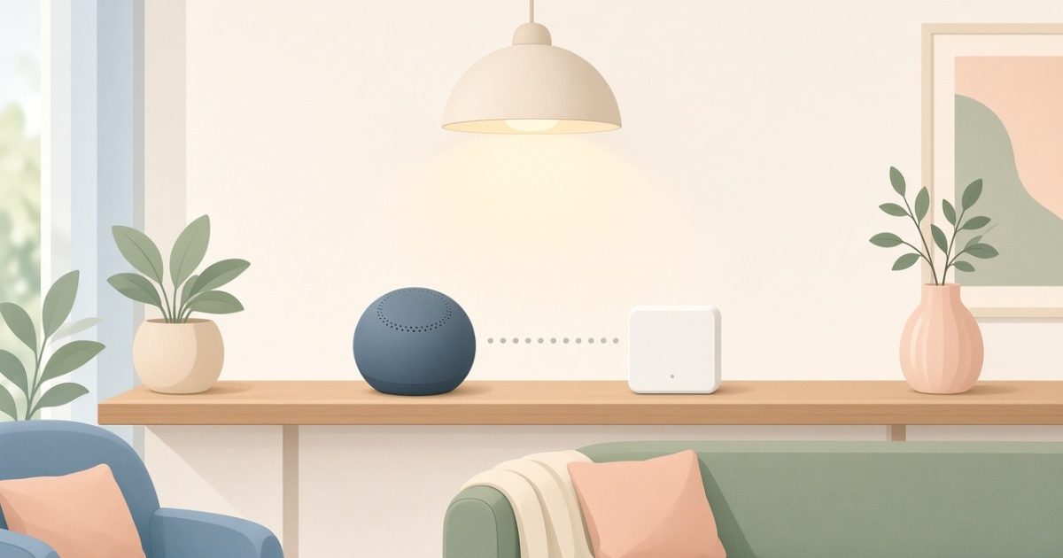Smart speaker hub and smart lighting bridge on a living room shelf under a glowing lamp
