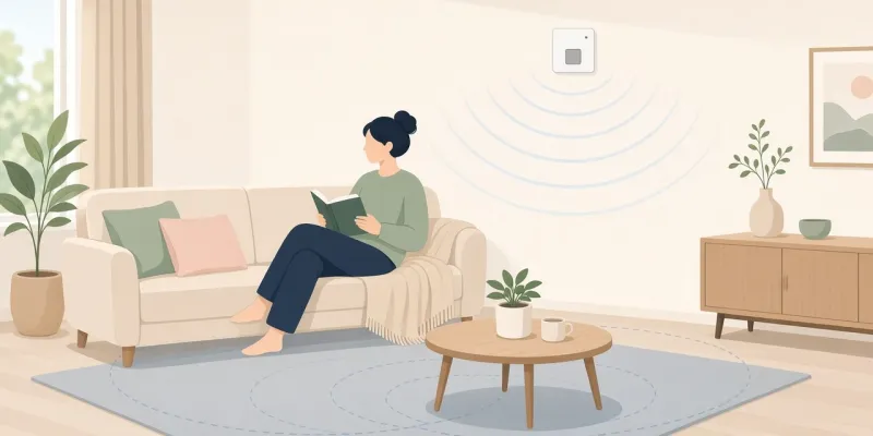 Wall-mounted presence sensor sending radar waves toward a person reading on a sofa