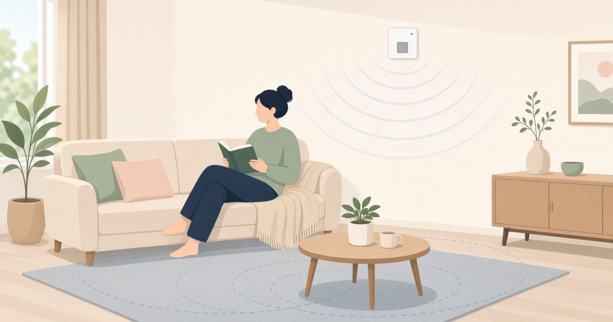 Wall-mounted presence sensor sending radar waves toward a person reading on a sofa